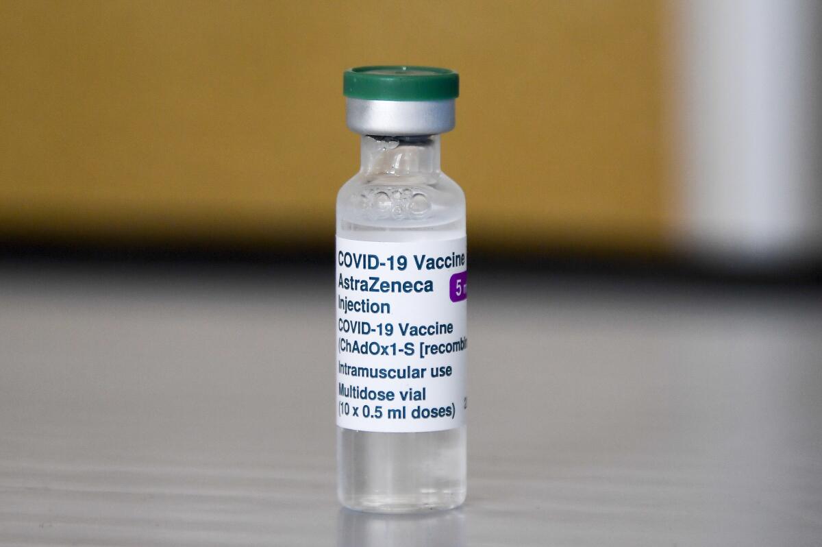 A vial of of the AstraZeneca COVID-19 vaccine at a clinic in Luton, England.