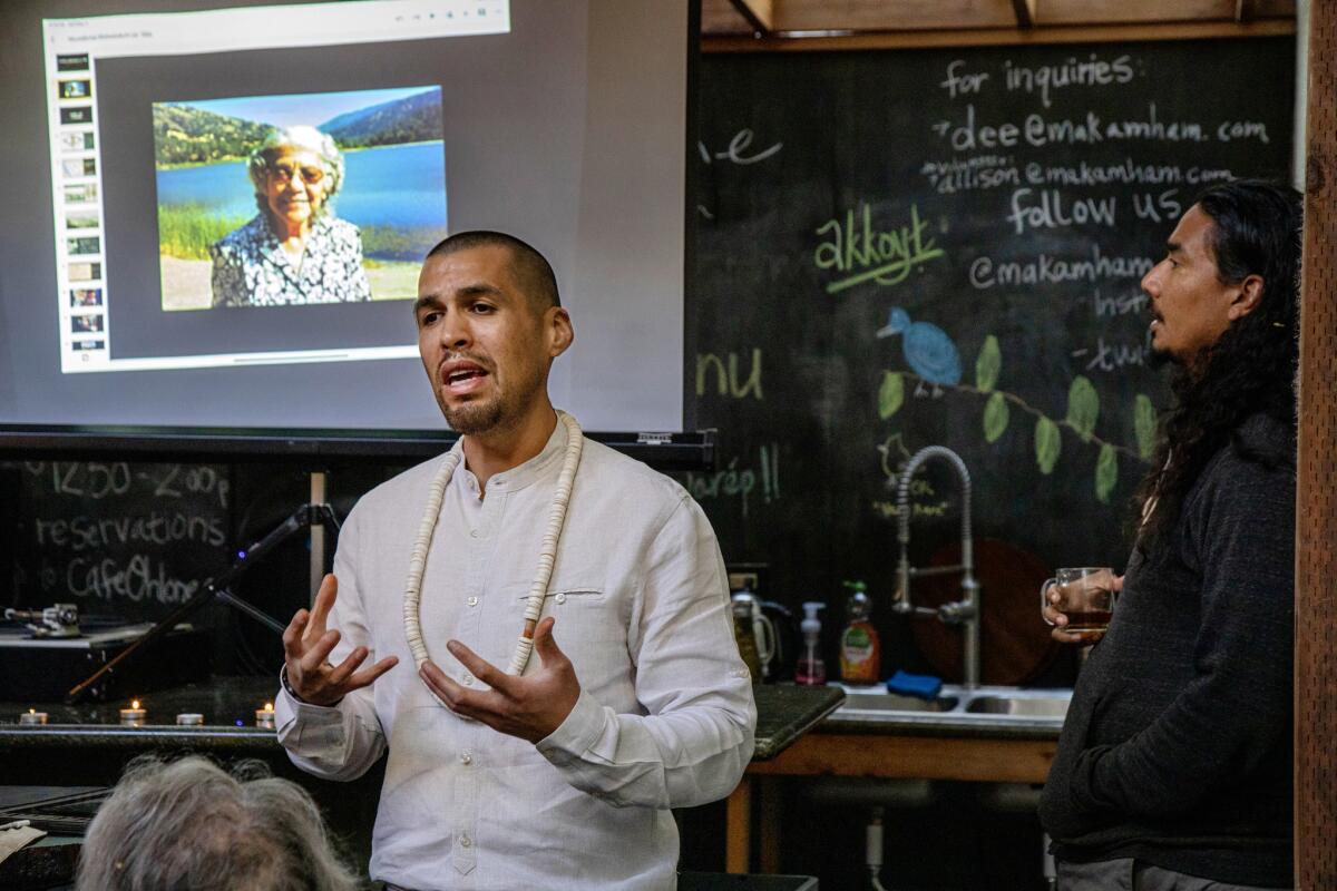 Vincent Medina talks about his great-grandmother Mary Archuleta, pictured, during a presentation at Cafe Ohlone. "I believe she is guiding the work we do today to keep our Ohlone culture strong," he said.