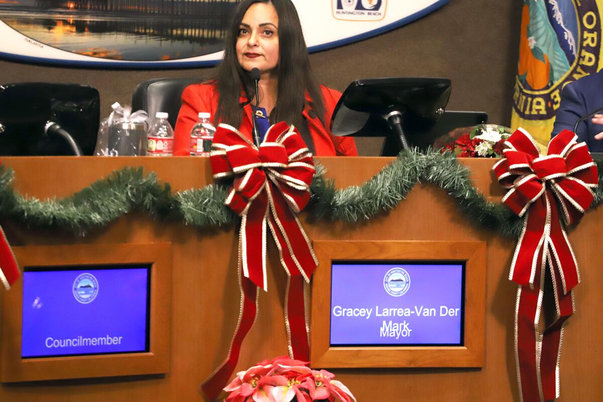 Gracey Van Der Mark, shown after being sworn in as Huntington Beach's mayor in December 2023.