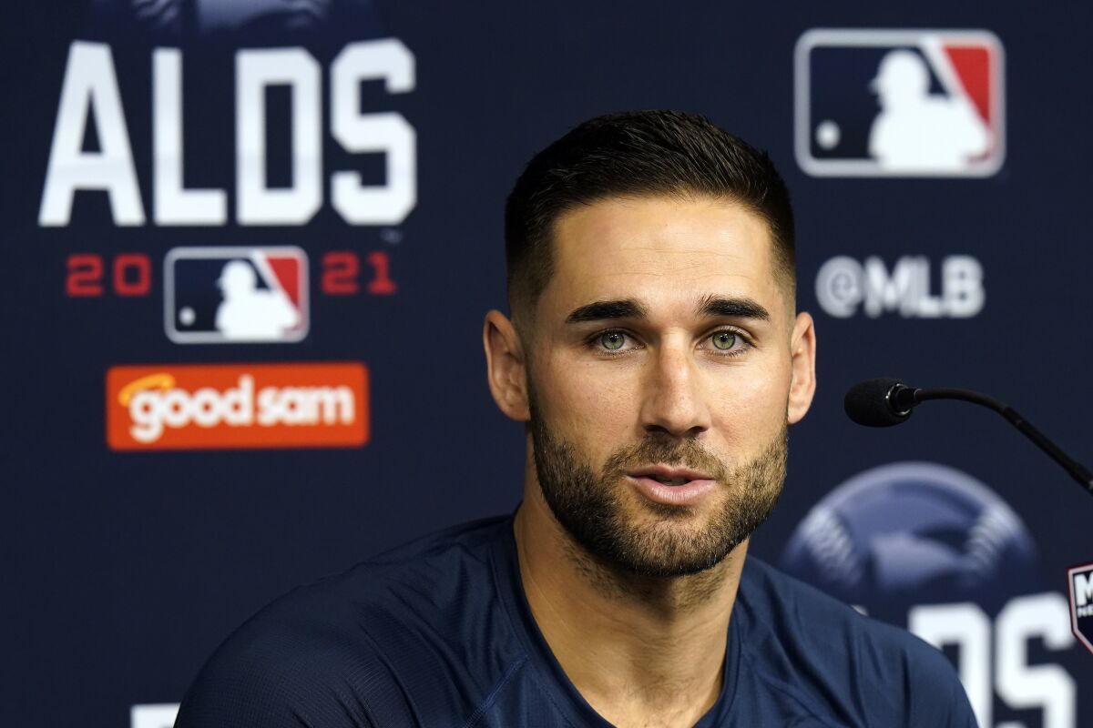 Tampa Bay Rays center fielder Kevin Kiermaier answers a question during a news conference before an American League Division Series baseball practice Wednesday, Oct. 6, 2021, in St. Petersburg, Fla. The Rays play the Boston Red Sox in the best-of-five series. (AP Photo/Chris O'Meara)
