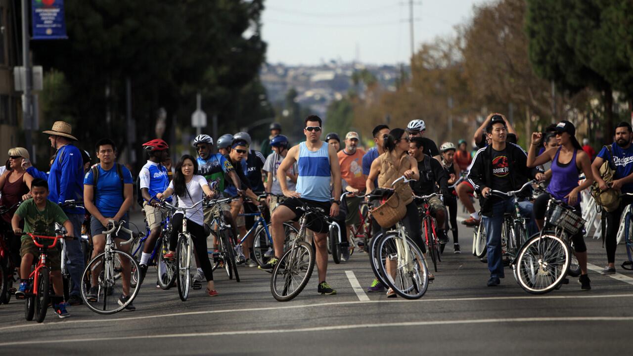 Cyclists on Martin Luther King Blvd. during the 11th CicLAvia in Los Angeles.
