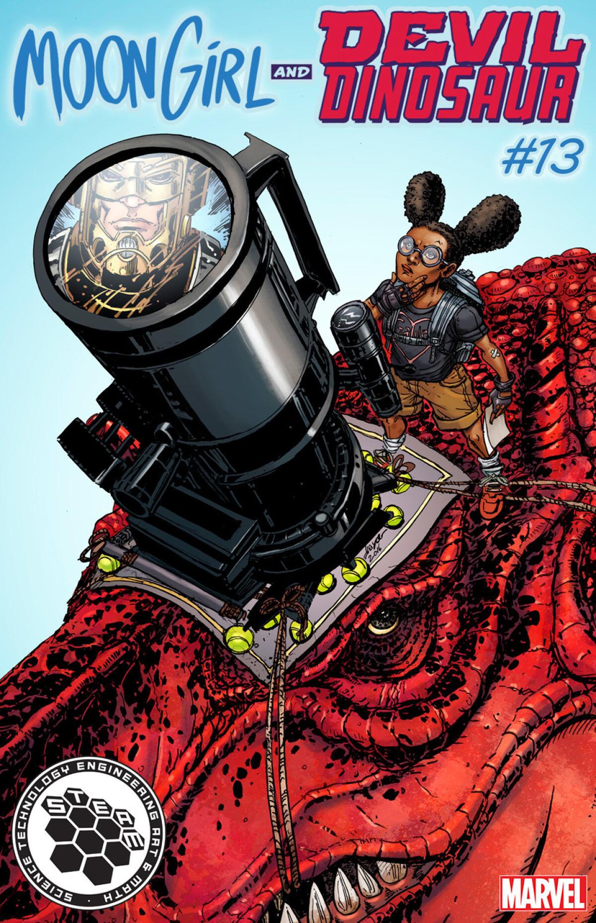 "Moon Girl & Devil Dinosaur" No. 13 STEAM variant cover (science) by Joyce Chin. (Marvel)