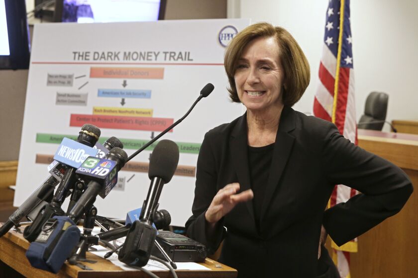 Ann Ravel, chairwoman of the California Fair Political Practices Commission, discusses the $1 million fine, the largest in its history, levied against two political action committees for campaign-reporting violations, during a news conference in Sacramento, Calif., Thursday, Oct. 24, 2013. The FPPC also ordered two separate groups to pay the state's general fund the amount of money donated to them during the 2012 election cycle by the groups that were fined. The Small Business Action Committee was ordered to pay $11 million while the California Future Fund for Free Markets was ordered to pay $4 million. (AP Photo/Rich Pedroncelli)