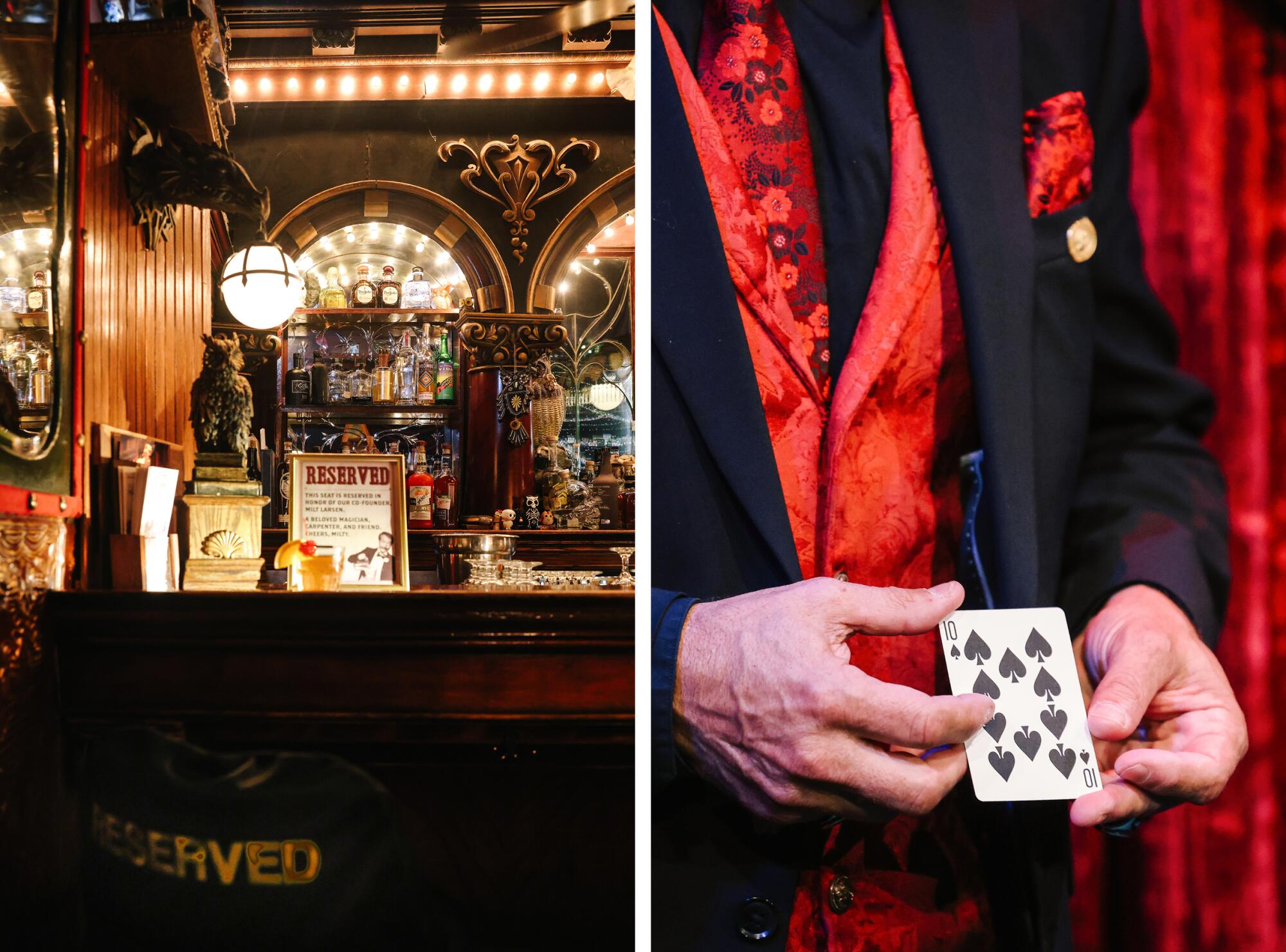 Two photos side by side, one of a bar with an empty chair, and one of hands displaying a playing card.