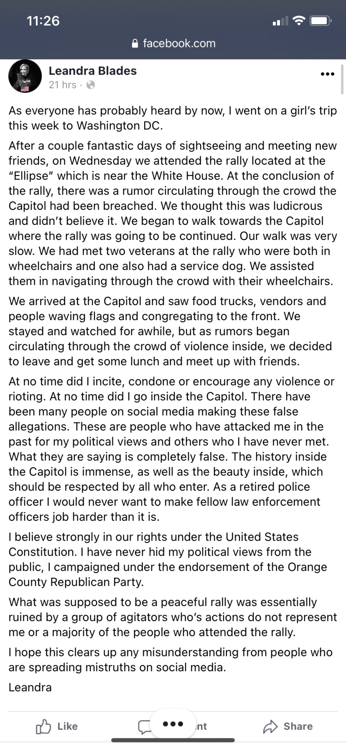 A Facebook post from Leandra Blades that has since been deleted.