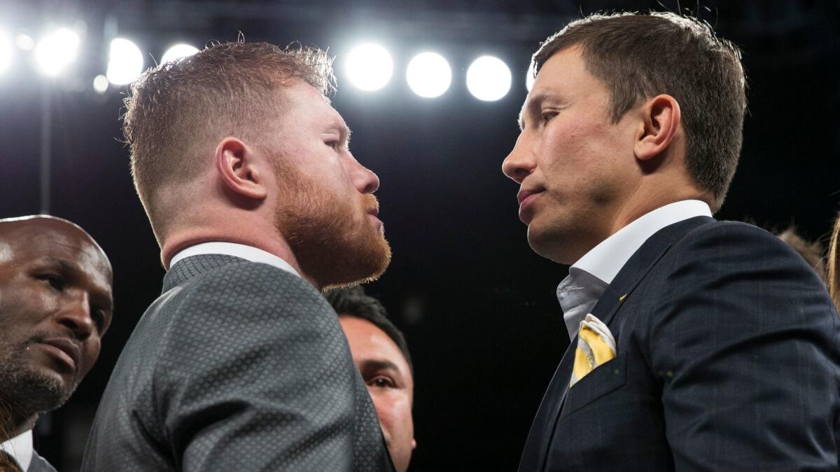 Canelo Alvarez, left, and Gennady Golovkin were face-to-face on May 6 in Las Vegas.