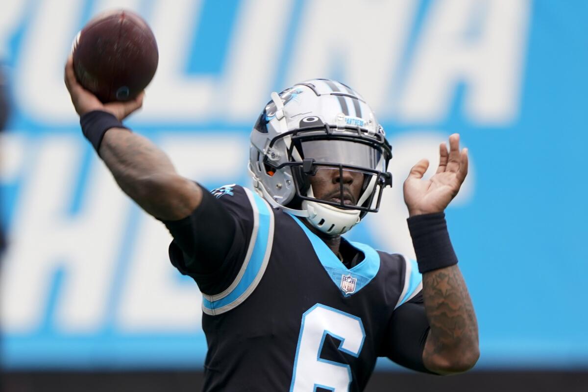 Carolina Panthers quarterback P.J. Walker warms up before Sunday's win over the Detroit Lions.