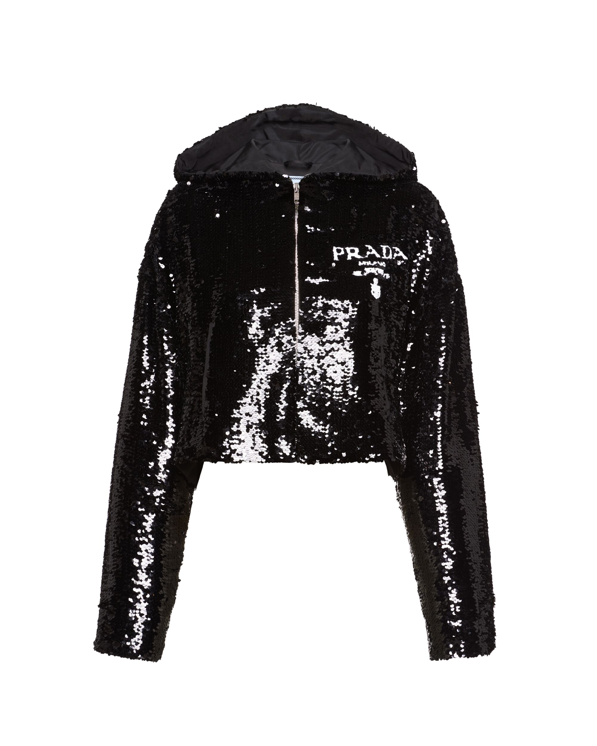 A shiny black sequined hoodie with the word "Prada" in white
