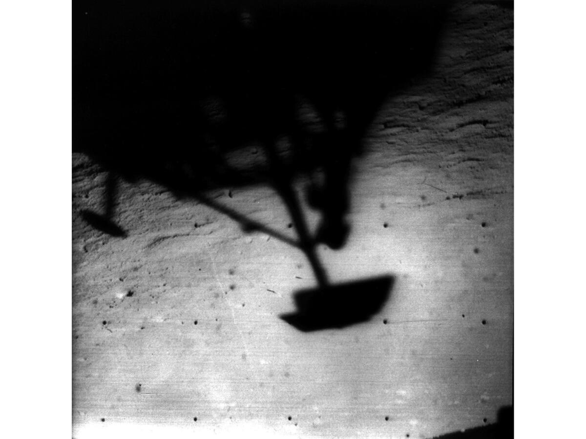 1966: Shadow of Surveyor 1 on the moon. In addition to transmitting thousands of phtotographs, the craft sent information on the bearing strength of the lunar soil, the radar reflectivity and temperature.