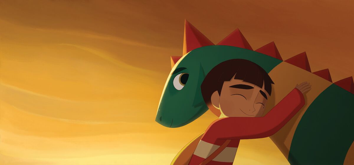 An animated scene of a boy hugging a multicolored dragon.