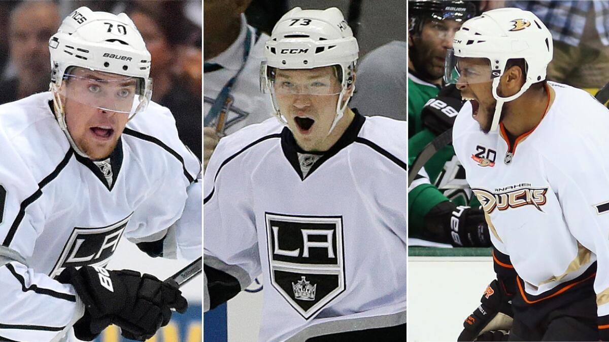Kings teammates Tanner Pearson, left, and Tyler Toffoli, center, along with Ducks forward Devante Smith-Pelly have each played important roles in pushing their respective teams to the NHL Western Conference semifinals.