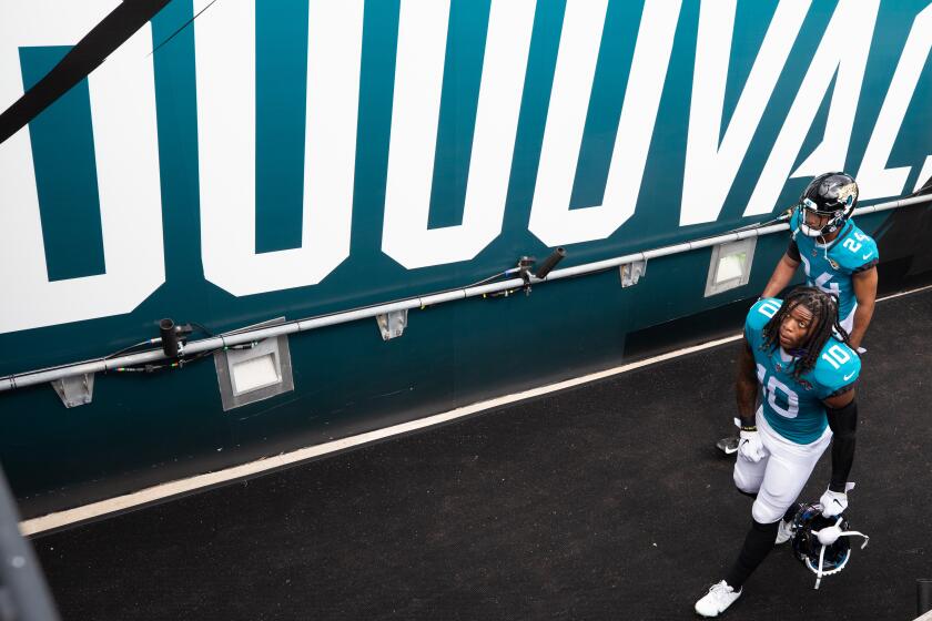 JACKSONVILLE, FL - OCTOBER 18: Jacksonville Jaguars Wide Receiver Laviska Shenault Jr. (10) and Jacksonville Jaguars Cornerback Josiah Scott (24) walk to the locker room during the game between the Detroit Lions and the Jacksonville Jaguars on October 18, 2020 at TIAA Bank Field in Jacksonville, Fl. (Photo by David Rosenblum/Icon Sportswire via Getty Images)