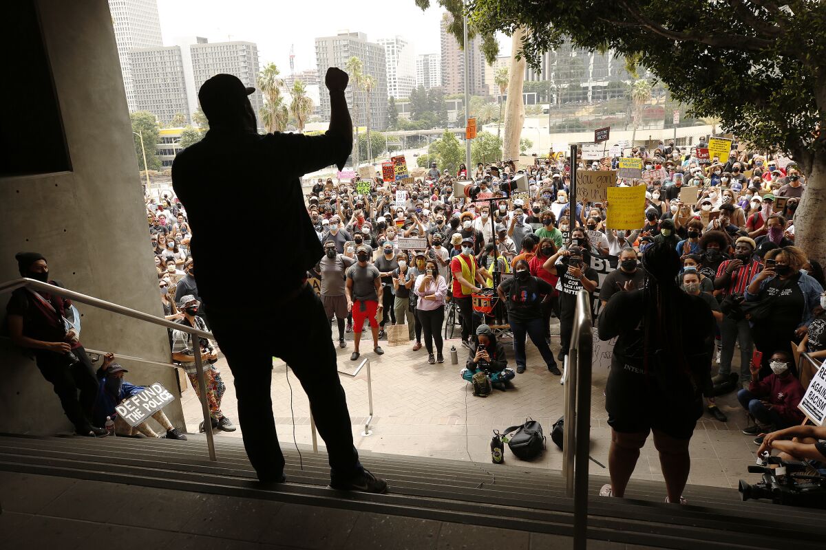 Demonstrators gather outside Los Angeles Unified School District headquarters.