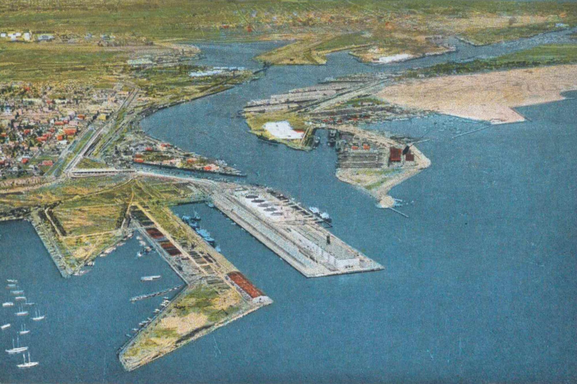 An aerial image of the San Pedro, Wilmington area and the Los Angeles Harbor from a vintage postcard dated 1947.