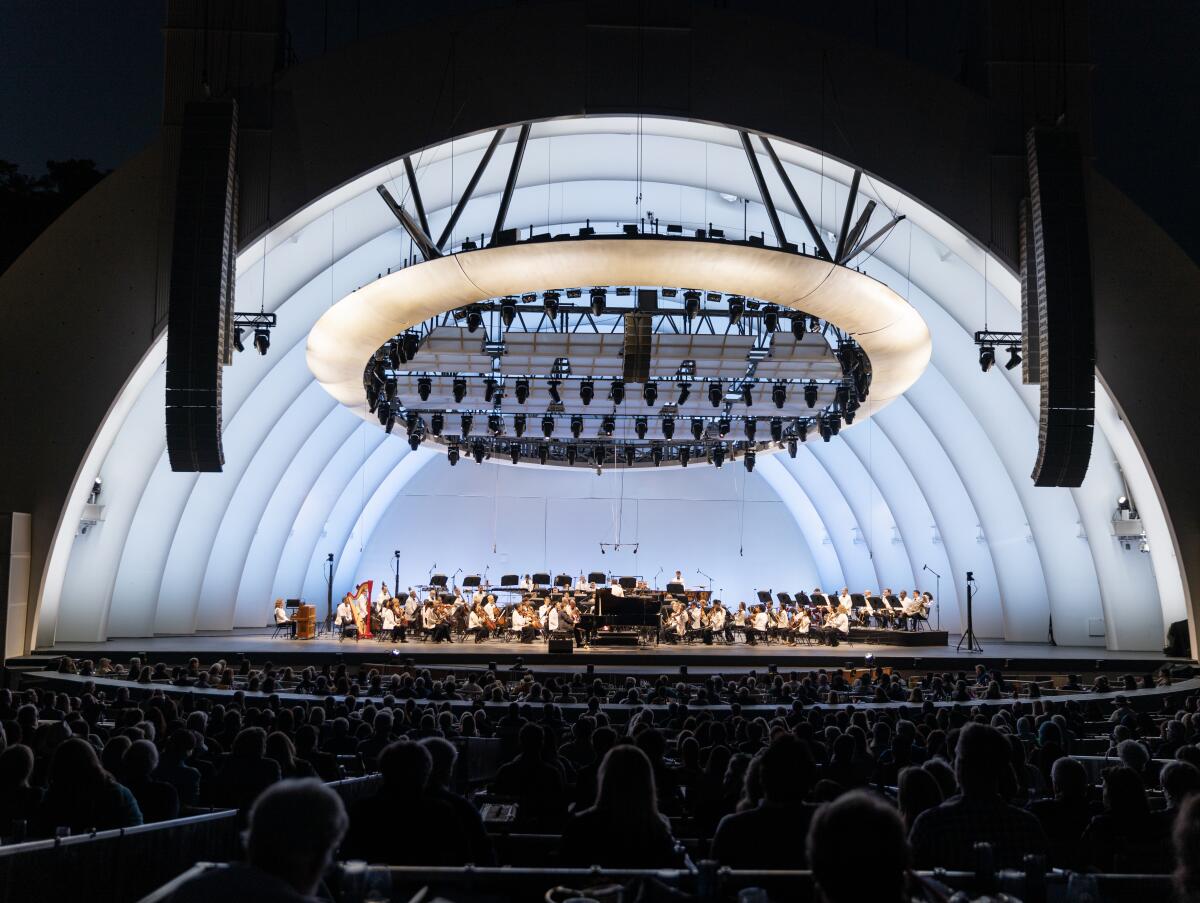 File photo of the Hollywood Bowl, its shell glowing white during an early July concert last year.