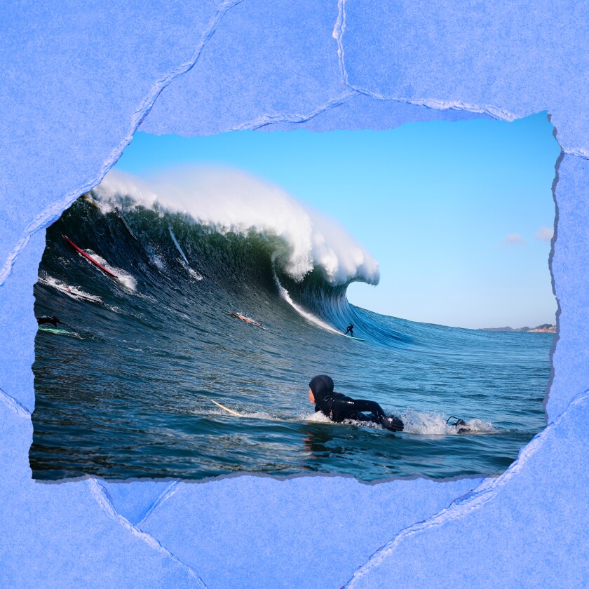 A huge wave builds, with a surfer in the foreground.