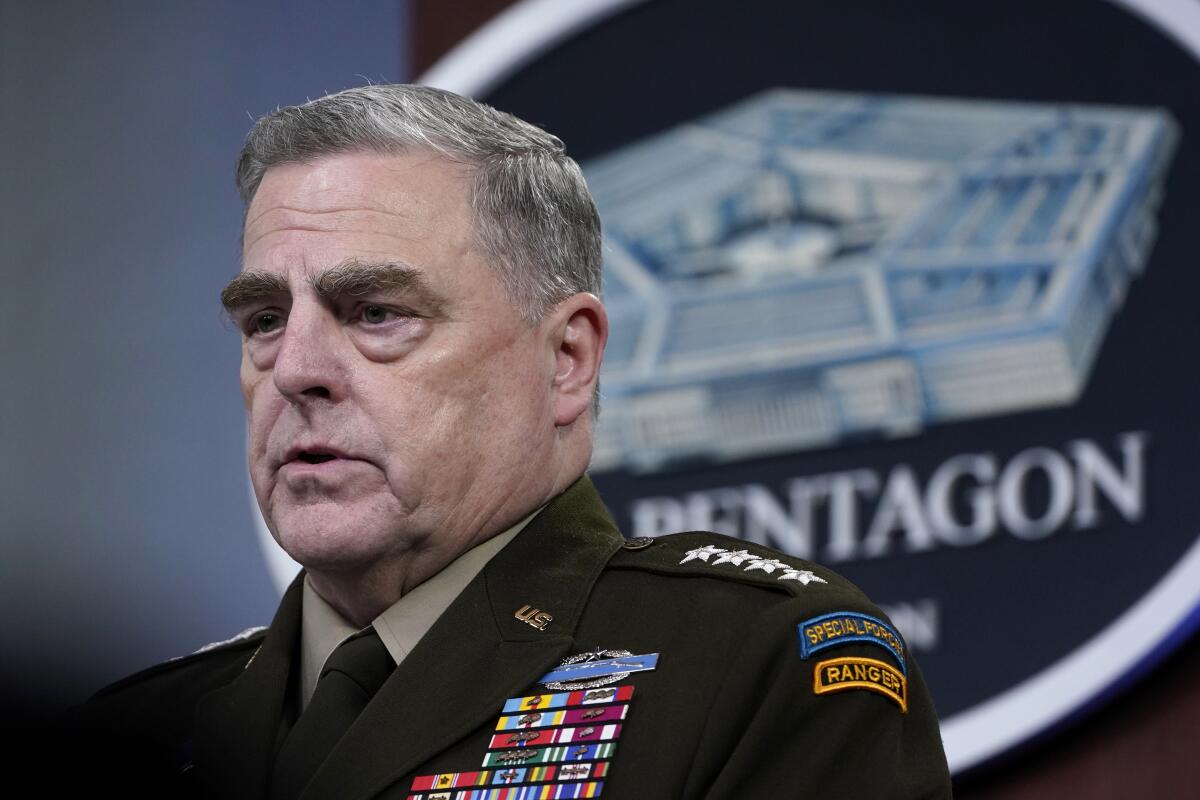 FILE - In this May 6, 2021 file photo, Chairman of the Joint Chiefs of Staff Gen. Mark Milley speaks during a briefing at the Pentagon in Washington. (AP Photo/Susan Walsh)