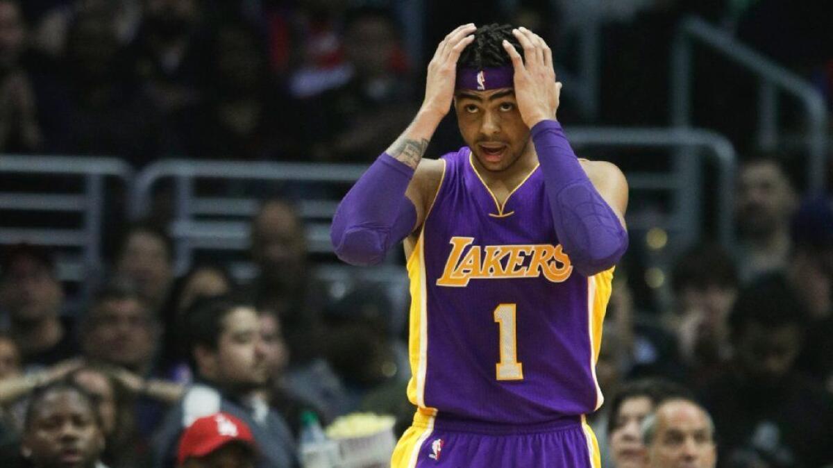 Lakers guard D'Angelo Russell during a game against the Clippers at Staples Center on Jan. 14.
