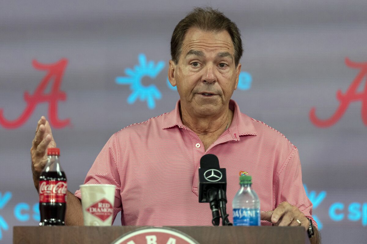 FILE - Alabama head coach Nick Saban speaks with the media during NCAA college football media day on Aug. 7, 2022, in Tuscaloosa, Ala. It's championship or bust for Nick Saban and Alabama, with no pretensions otherwise. (AP Photo/Vasha Hunt, File)