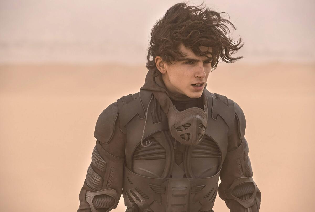 A man in a futuristic outfit stands in the desert, his hair blowing.