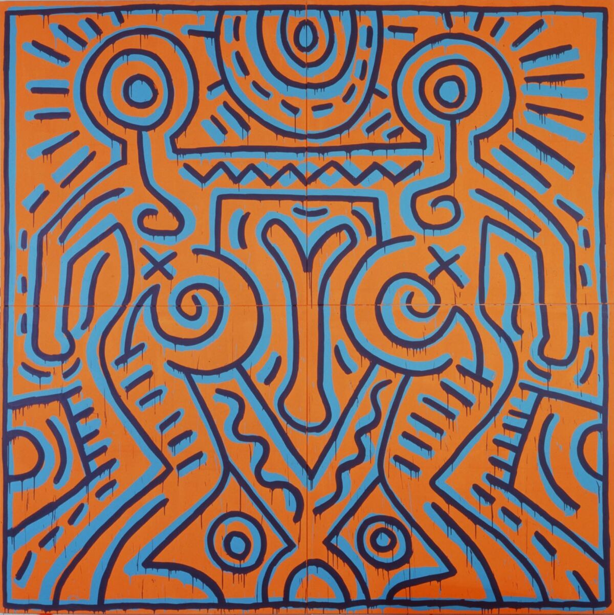 A blue, orange and black abstract work of art.
