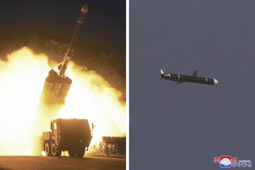 This combination of photos shows long-range cruise missiles tests held on Sept. 11-12, 2021 in an undisclosed location of North Korea