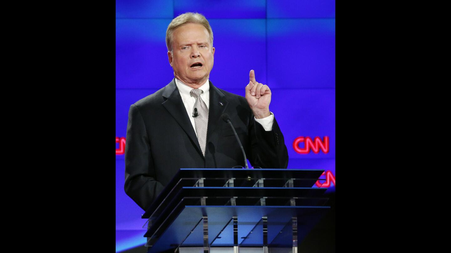 Former U.S. Sen. Jim Webb from Virginia speaks Oct. 13, 2015, during the Democratic presidential debate in Las Vegas.