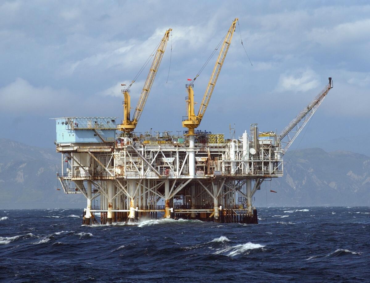 The oil platform Gilda is seen in federal waters in the Santa Barbara Channel. Fish counts by UC Santa Barbara show rockfish and other species seeking out the unnatural habitat, including the derricks supporting oil platforms.