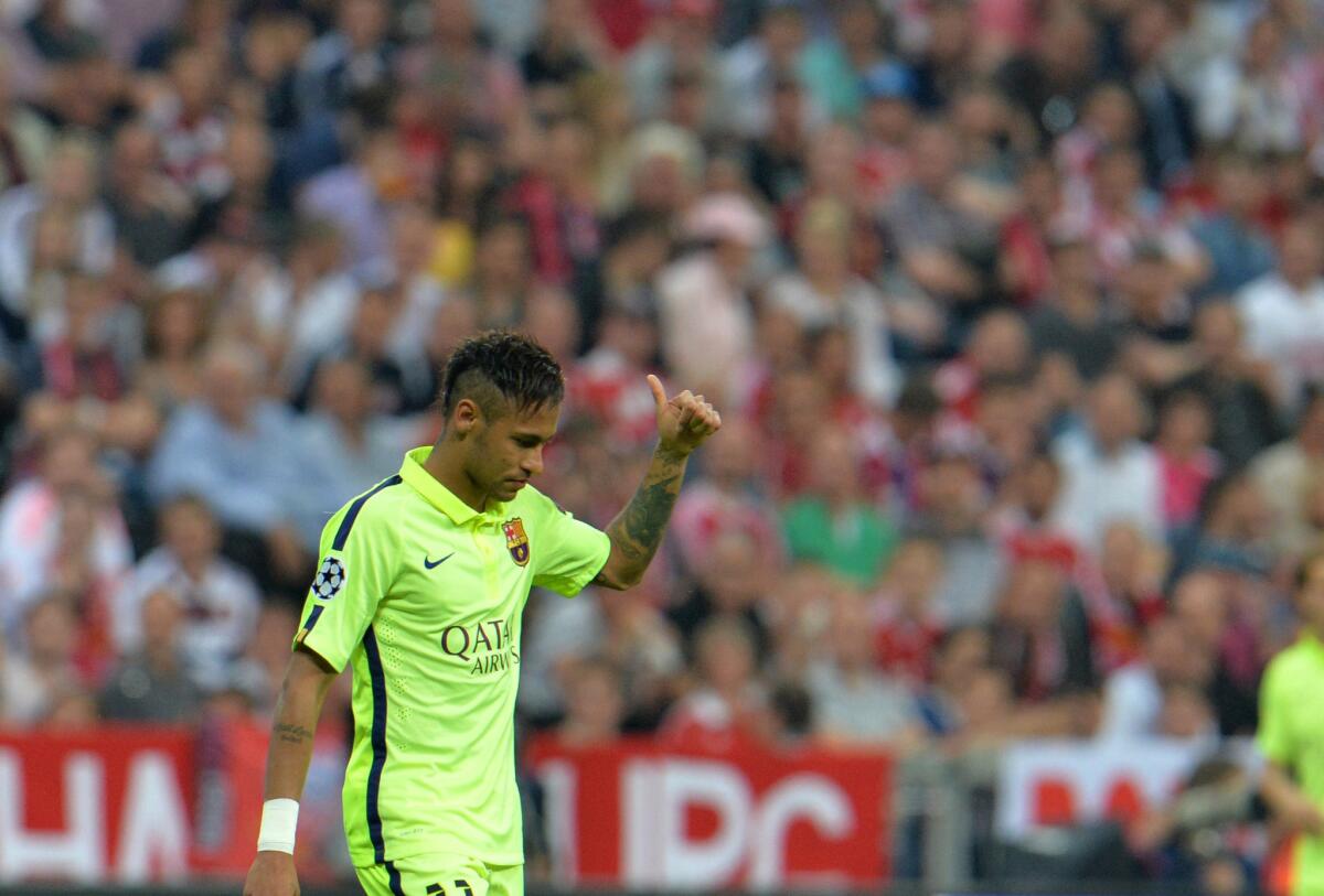 Neymar had two goals for Barcelona during the second leg of Barcelona's Champions League semifinal loss Tuesday to Bayern Munich, 3-2. Barcelona advanced to the final with an aggregate score of 5-3.