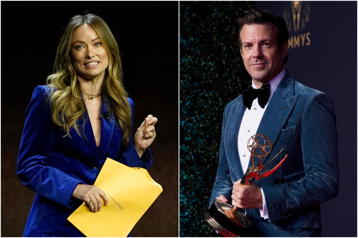 A split image of a woman holding an envelope, left, and a man holding an Emmy.