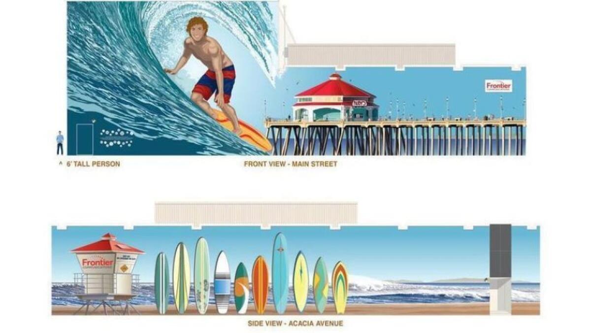 The Huntington Beach Design Review Board voted in May against recommending a proposal to paint a mural, depicted above, on the Frontier Communications building at 602 Main St. The Huntington Beach Public Art Alliance is now proposing six 20-by-12-foot panels of artwork.