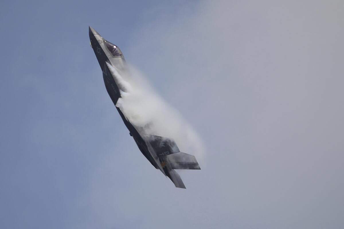 A U.S. Marine Corps F-35B Lightning II takes part in an aerial display