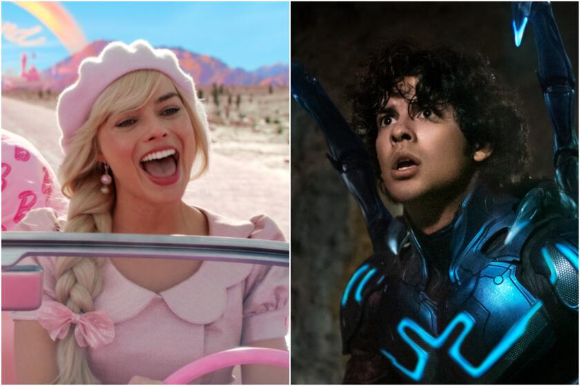 Margot Robbie smiling and driving a pink convertible through a desert; Xolo Maridueña in a blue, glowing superhero suit