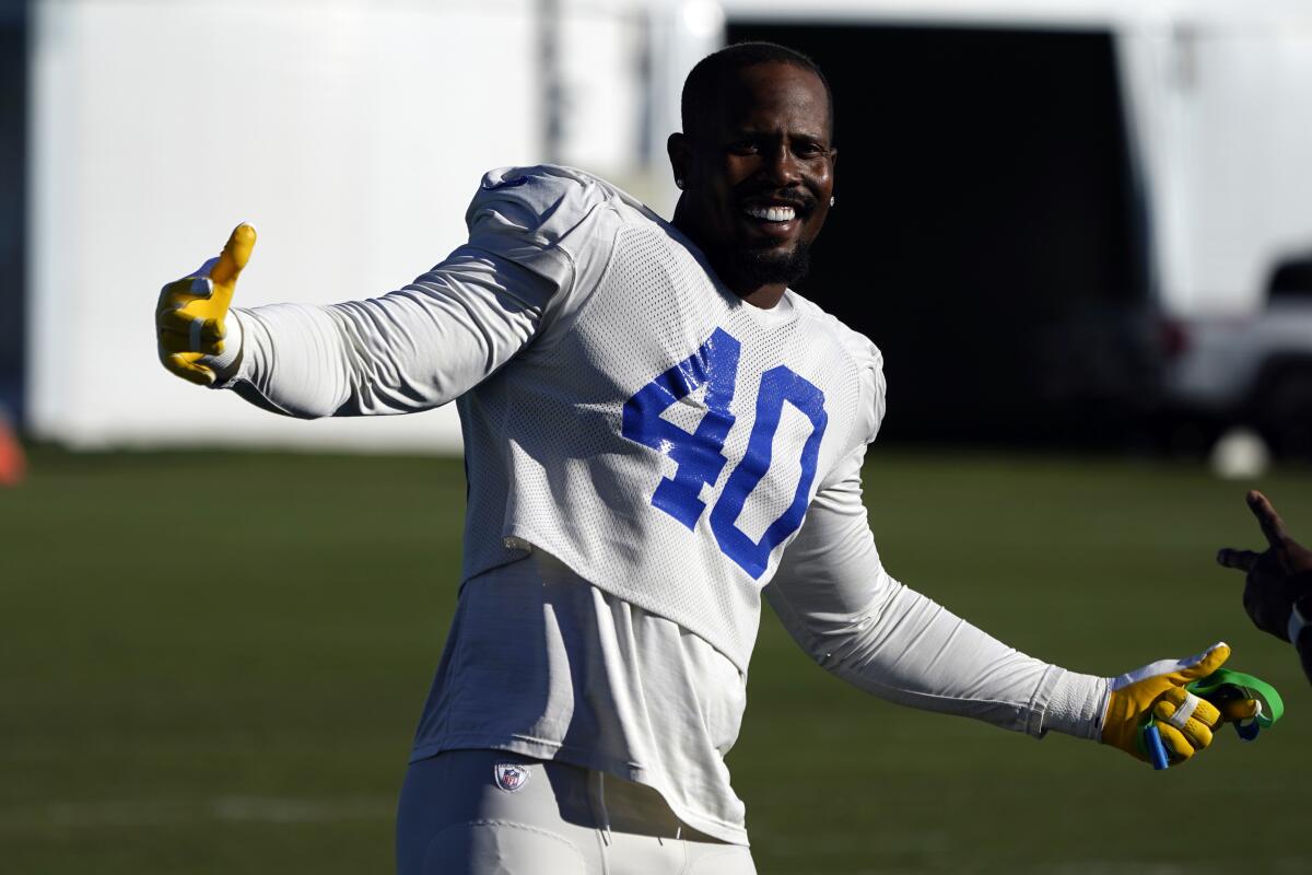 Rams linebacker Von Miller smiles during a practice session in Thousand Oaks on Friday.