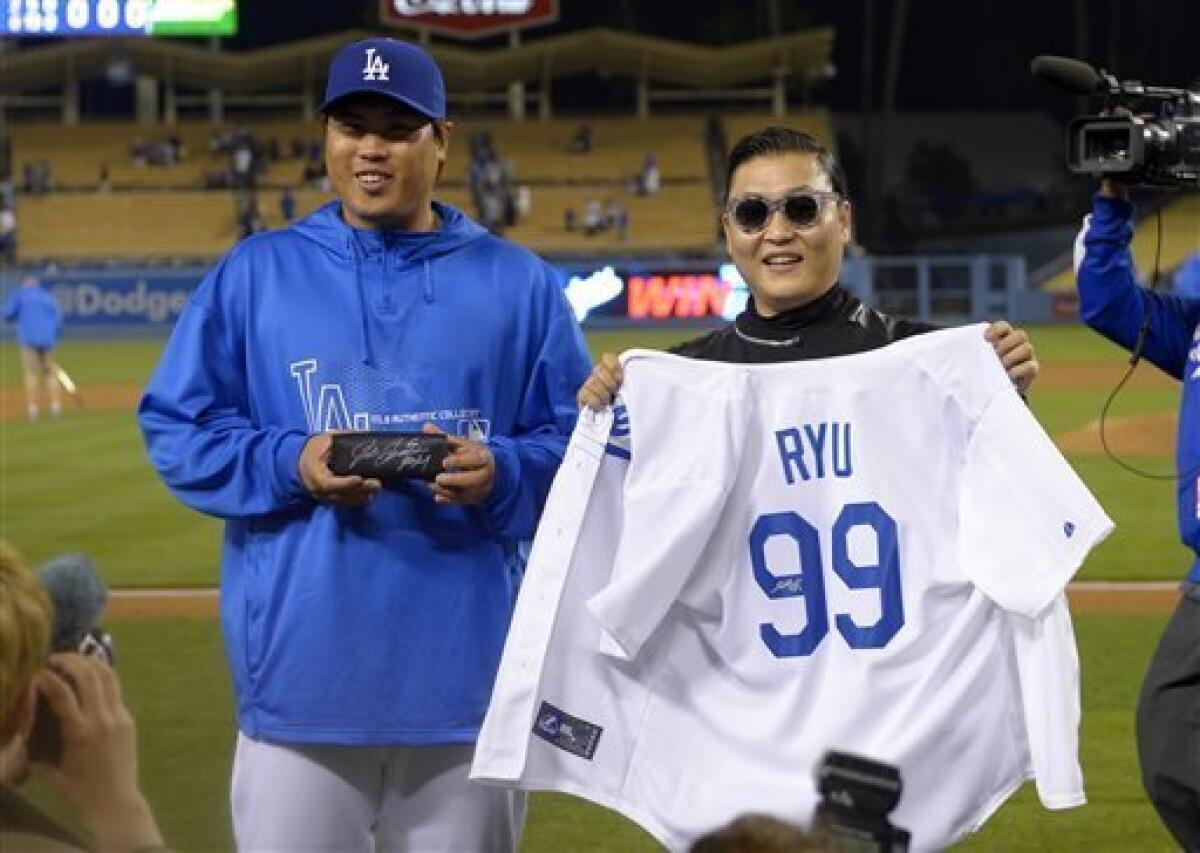 Dodgers' Ryu whiffs 12 with pop star PSY on hand - The San Diego  Union-Tribune