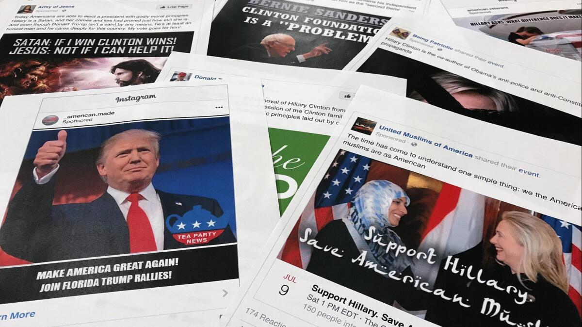 The Russian effort to disrupt the U.S. political process during the 2016 election included the above Facebook and Instagram ads.