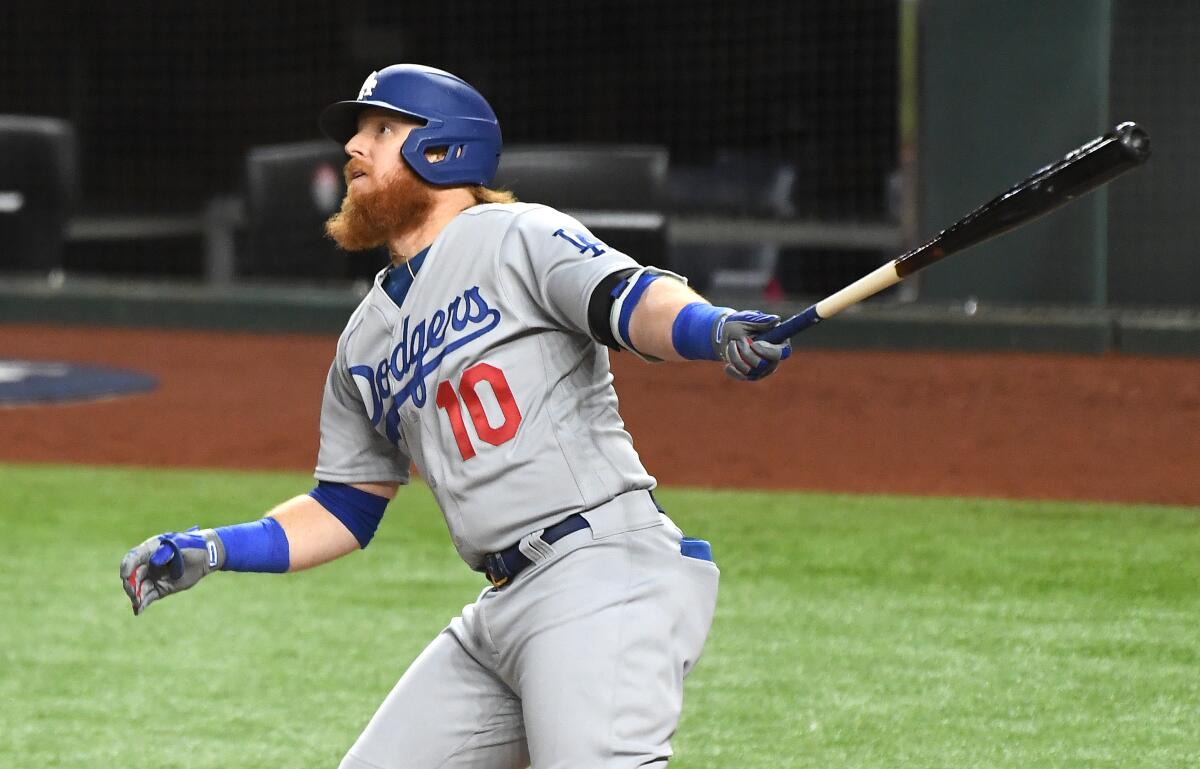 Dodgers third baseman Justin Turner hits a home run in Game 4 of the 2020 World Series.
