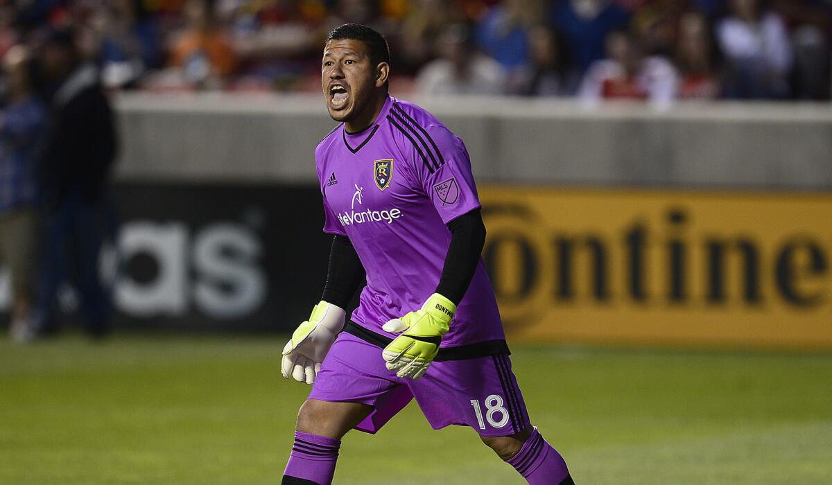 Real Salt Lake goalkeeper Nick Rimando, shown during a game May 1, made the play of the game on Wednesday night against the Galaxy.