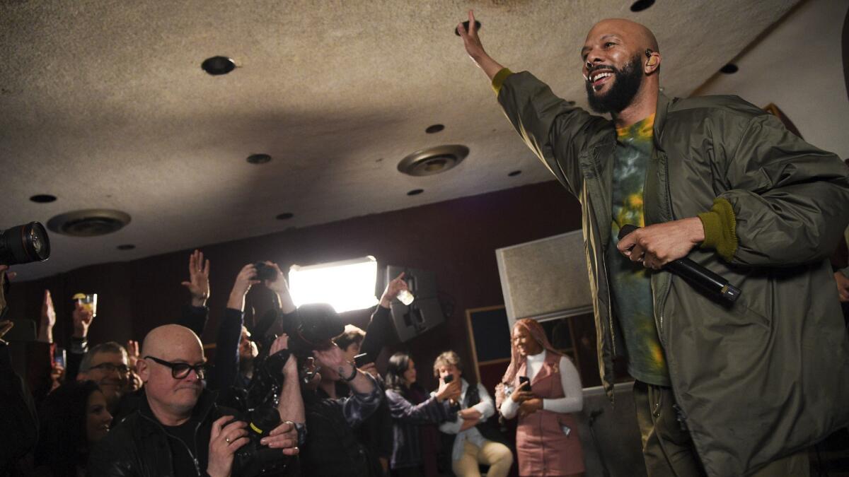 Hip-hop recording artist Common performs at the Woodstock 50 lineup announcement at Electric Lady Studios in New York on March 19.