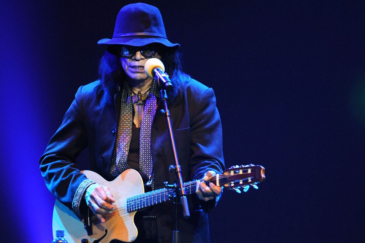 A man in a hat, dark glasses, jacket and scarf stands at a microphone and plays the guitar