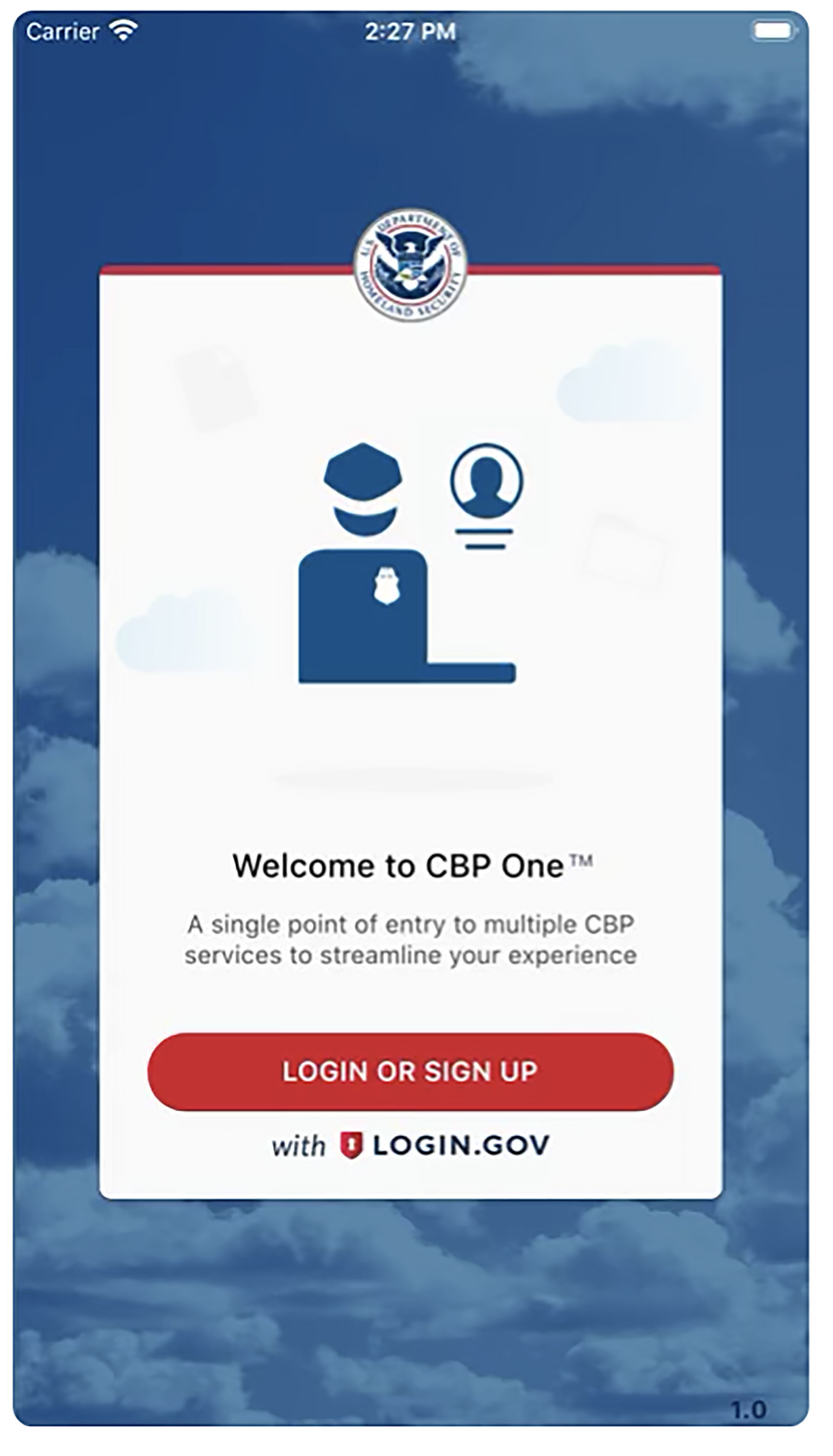 Login screen for CBP One