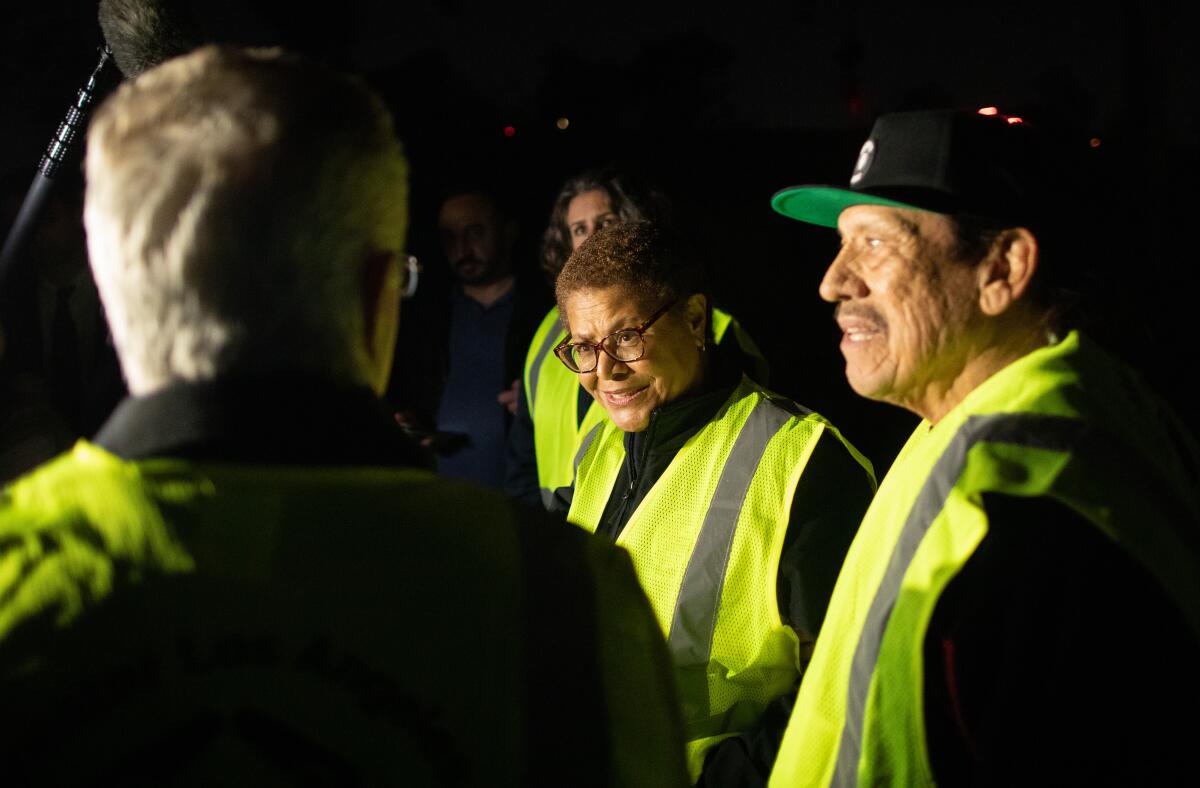 Mayor Karen Bass with Council President Paul Krekorian, left, and actor Danny Trejo during the homeless count in January.