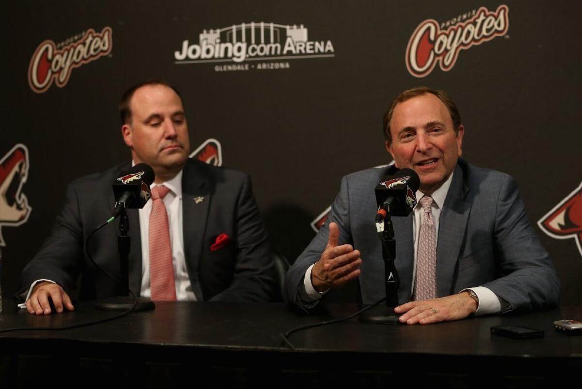 Phoenix Coyotes owner Anthony LeBlanc, left, with NHL Commissioner Gary Bettman at a news conference this month.