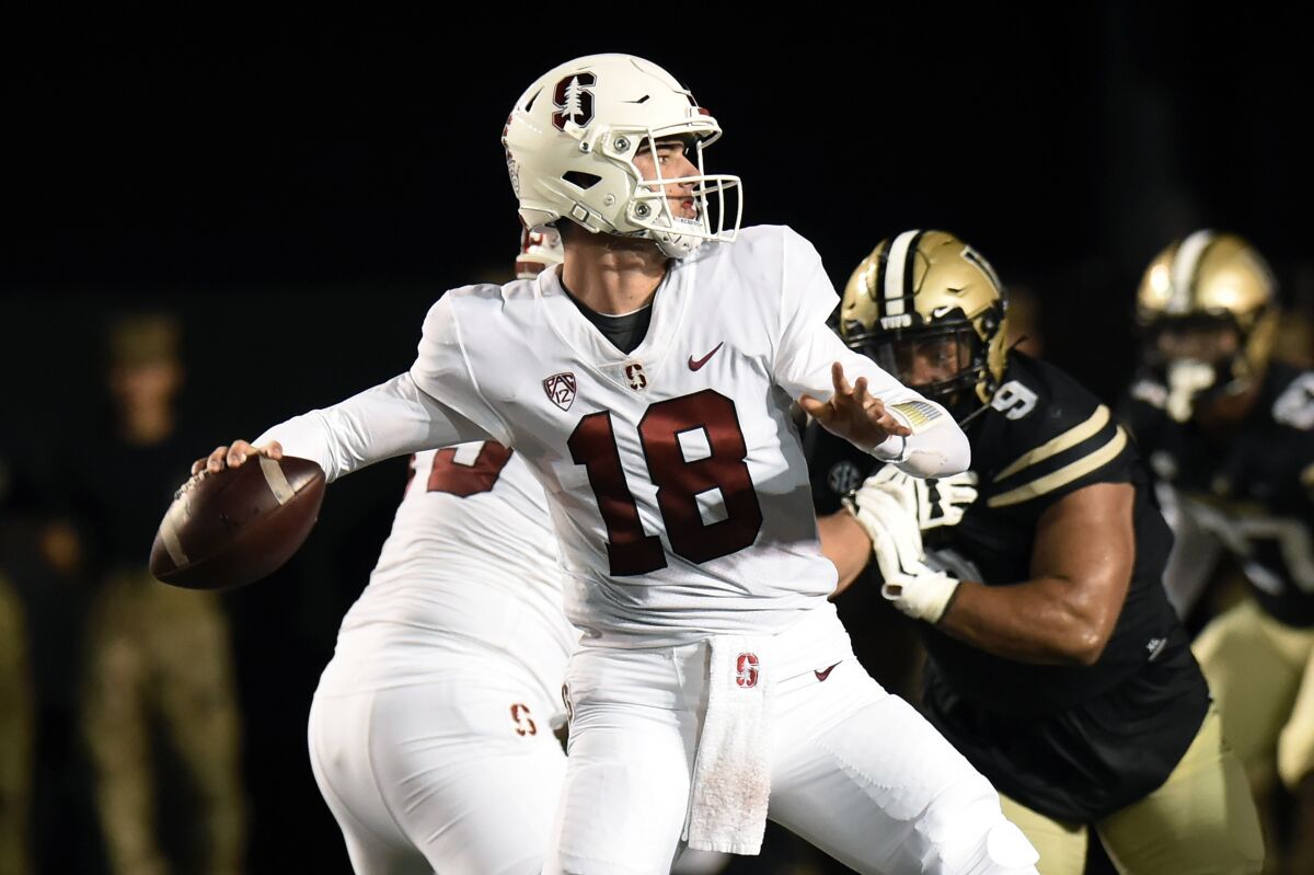 Stanford quarterback Tanner McKee looks to pass against Vanderbilt on Sept. 18, 2021.