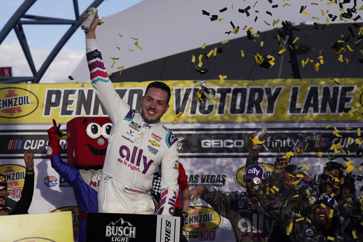 Alex Bowman celebrates after winning a NASCAR Cup Series auto race Sunday, March 6, 2022, in Las Vegas. 