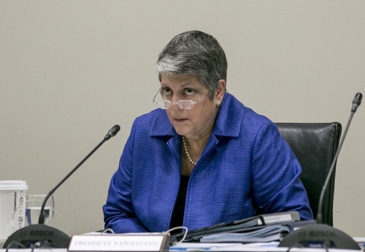 University of California President Janet Napolitano addresses a Board of Regents meeting at the UC Irvine Student Center to discuss a controversial policy statement on intolerance on Sept. 17.