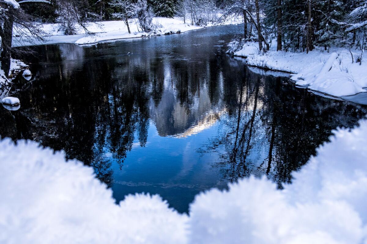 Half Dome is reflected in the water in Yosemite Valley.