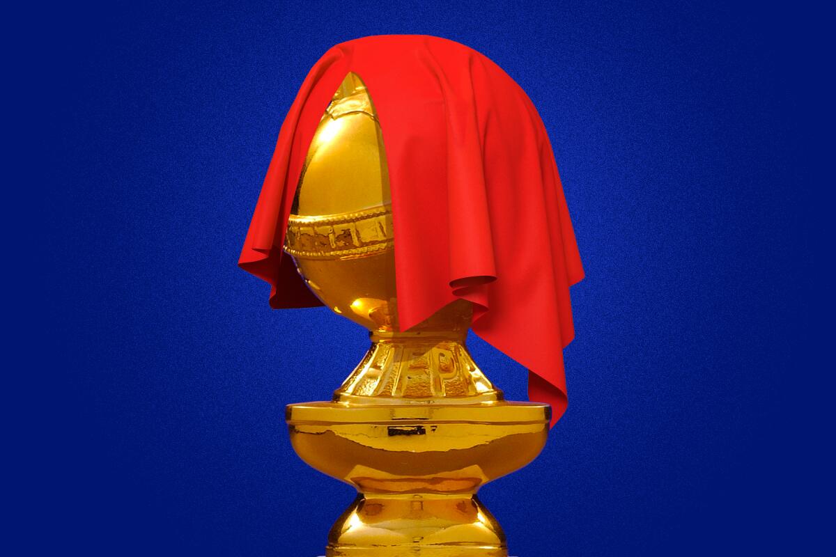 Golden Globe Award half draped by a red curtain.