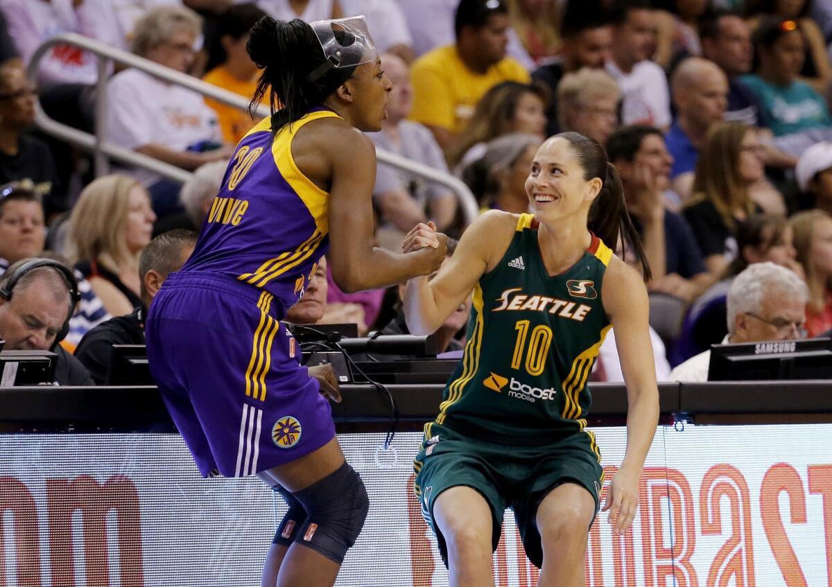 Los Angeles' Nneka Ogwumike and Sue Bird of the Seattle Storm wait to check-in to the first half of the WNBA All-Star game on July 19. The two All-Stars will play against each other Saturday.