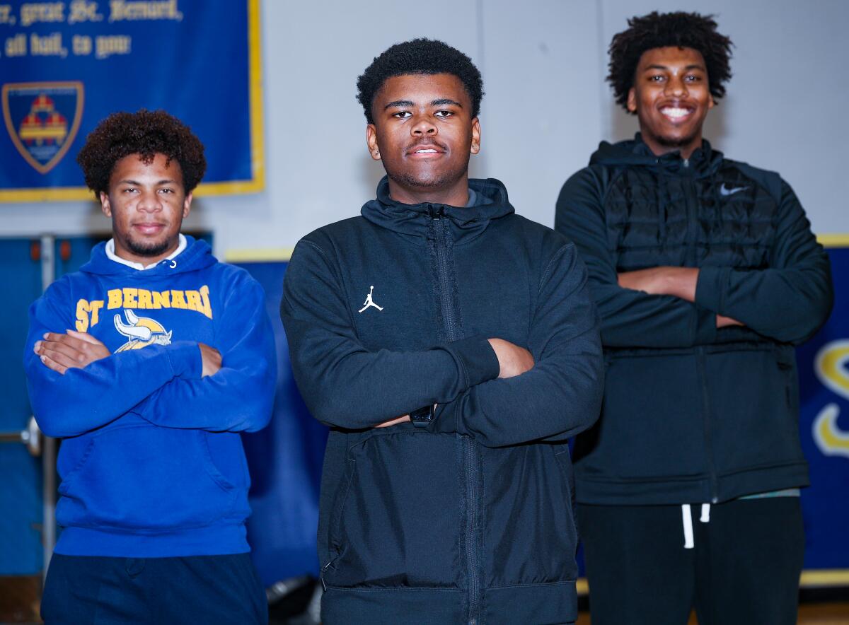 St. Bernard JV coaches (from left): Marsalis Davis, 17; Jordan Bradford, 17; assistant Damion McDowell, 21.